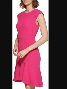 Calvin Klein Hot Pink Scuba Crepe Flounce Hem Dress with Mock Buttons Sheath 10